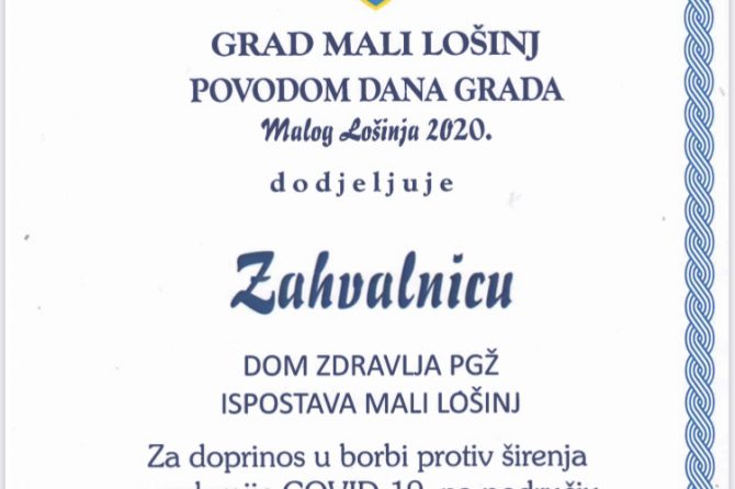 Dodijeljena zahvalnica Ispostavi Mali Lošinj Doma zdravlja Primorsko-goranske županije